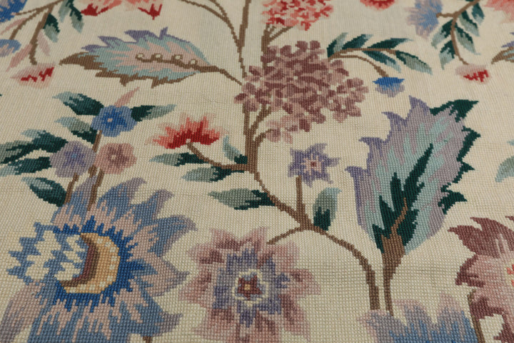 4x6 Ivory, Blush, Blue Color Hand Knotted French Needlepoint Aubusson Wool Traditional Oriental Rug