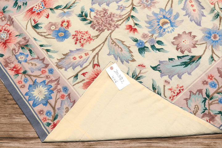 4x6 Ivory, Blush, Blue Color Hand Knotted French Needlepoint Aubusson Wool Traditional Oriental Rug