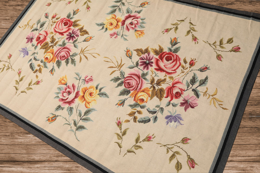 4x6 Ivory, Gray, Black Color Hand Knotted French Needlepoint Aubusson Wool Traditional Oriental Rug