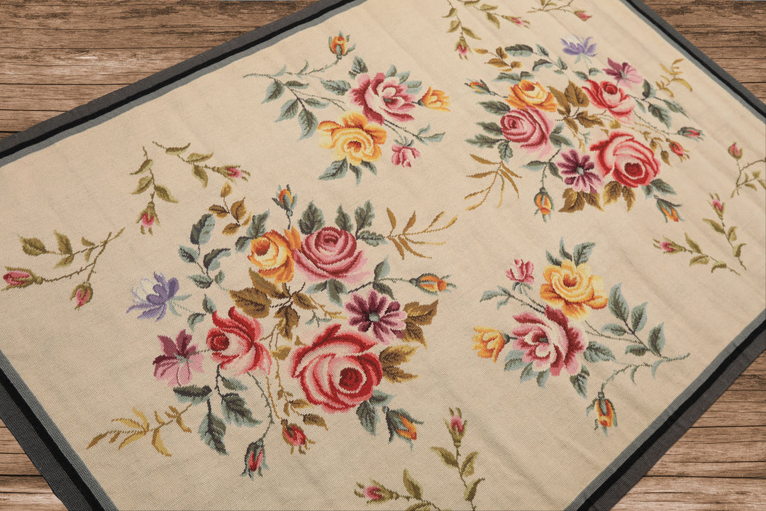 4x6 Ivory, Gray, Black Color Hand Knotted French Needlepoint Aubusson Wool Traditional Oriental Rug