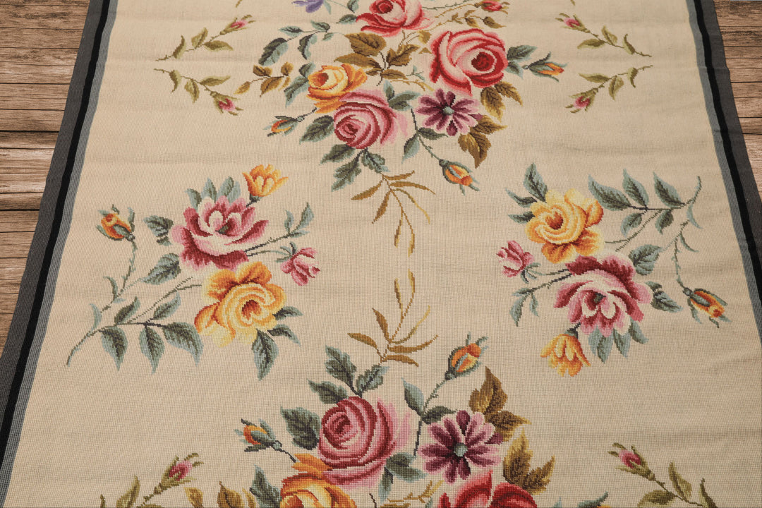 4x6 Ivory, Gray, Black Color Hand Knotted French Needlepoint Aubusson Wool Traditional Oriental Rug