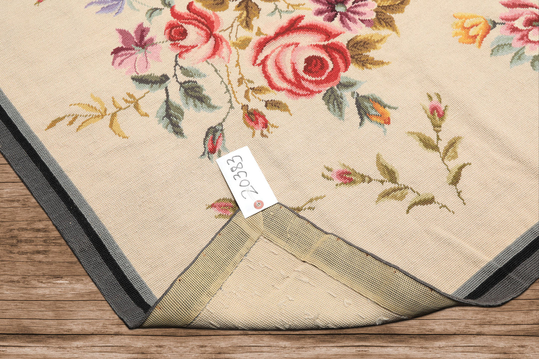 4x6 Ivory, Gray, Black Color Hand Knotted French Needlepoint Aubusson Wool Traditional Oriental Rug