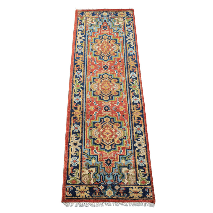 Runner Rose, Navy, Blue Color Hand Knotted Oushak Wool Traditional Oriental Rug