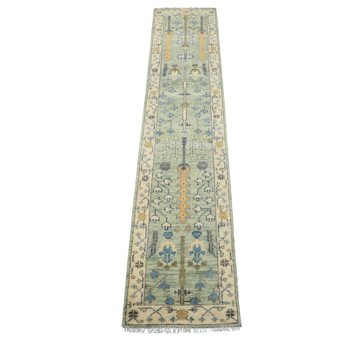 Runner Mint, Ivory, Gray Color Hand Knotted Oushak Wool Traditional Oriental Rug