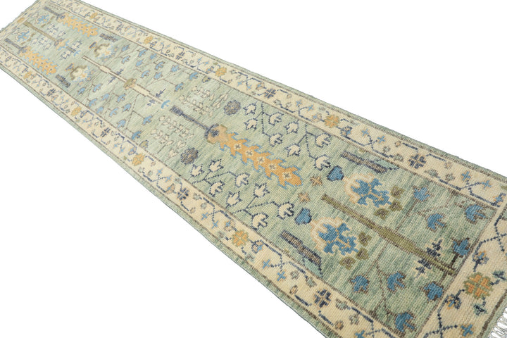 Runner Mint, Ivory, Gray Color Hand Knotted Oushak Wool Traditional Oriental Rug