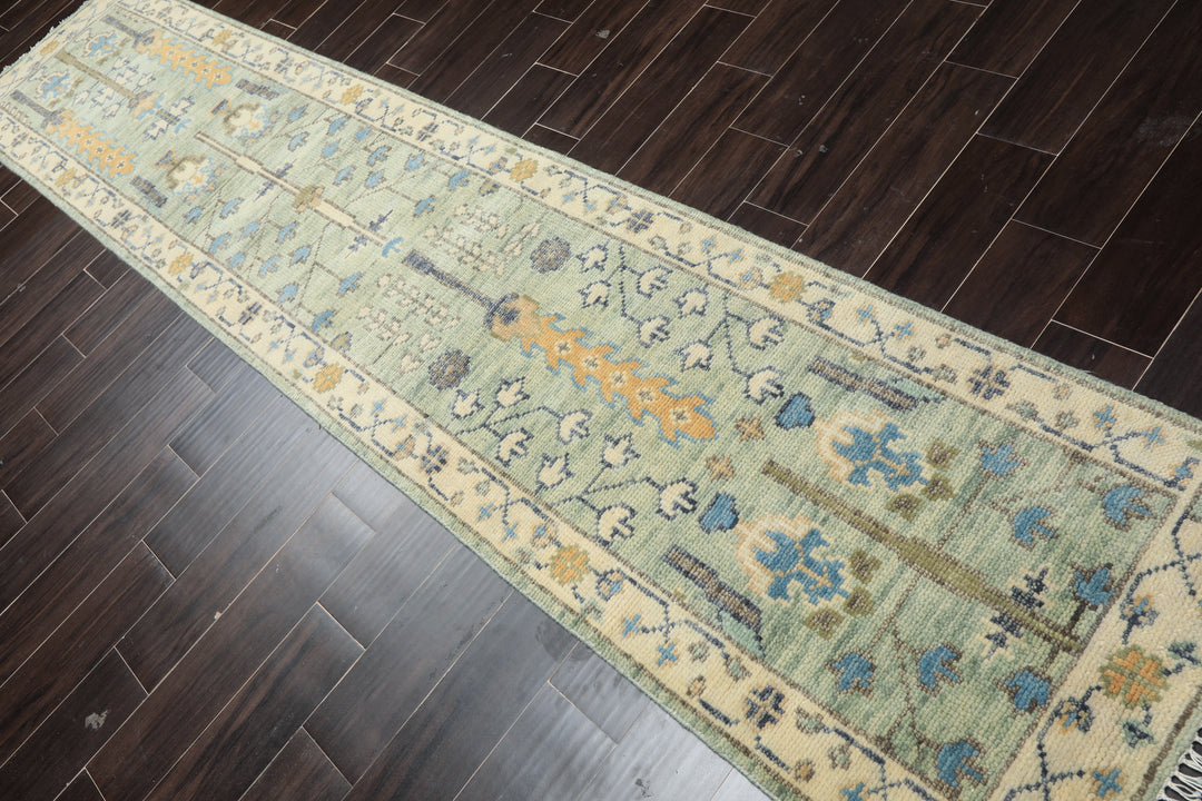 Runner Mint, Ivory, Gray Color Hand Knotted Oushak Wool Traditional Oriental Rug