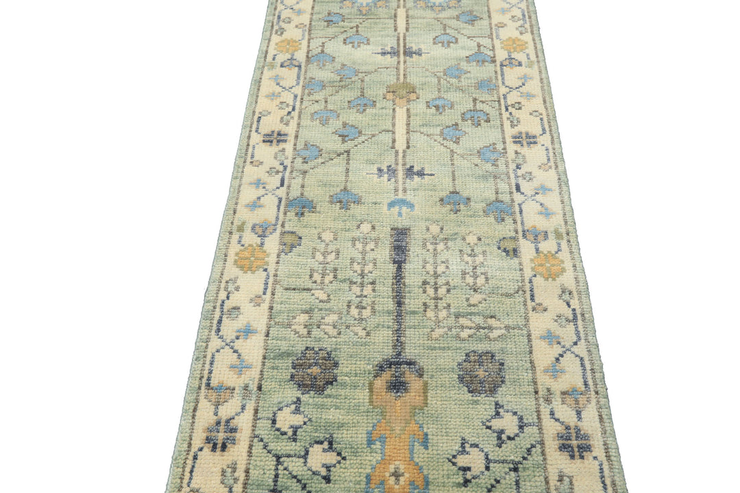Runner Mint, Ivory, Gray Color Hand Knotted Oushak Wool Traditional Oriental Rug