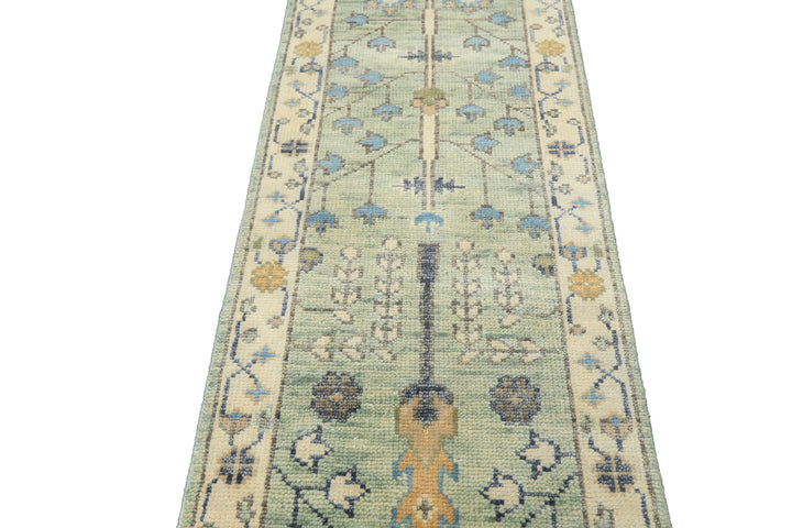 Runner Mint, Ivory, Gray Color Hand Knotted Oushak Wool Traditional Oriental Rug