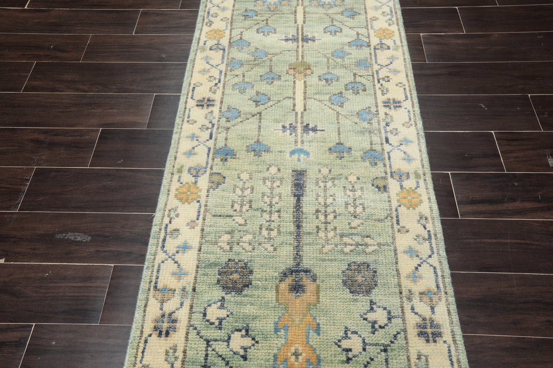 Runner Mint, Ivory, Gray Color Hand Knotted Oushak Wool Traditional Oriental Rug
