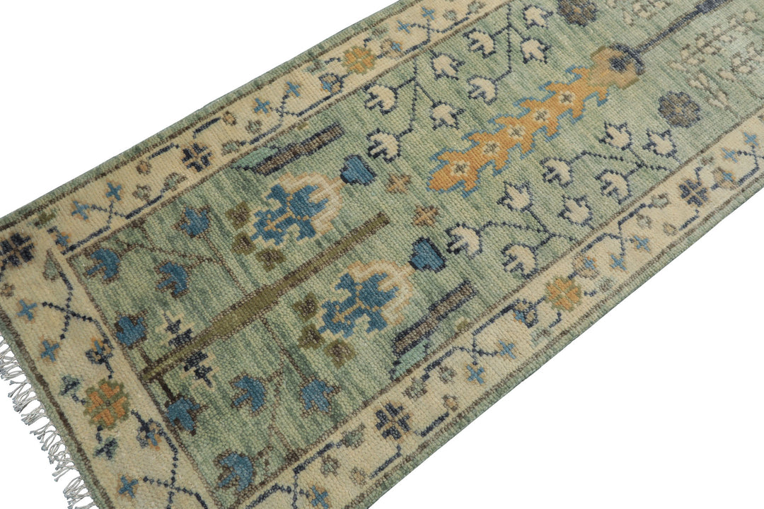 Runner Mint, Ivory, Gray Color Hand Knotted Oushak Wool Traditional Oriental Rug