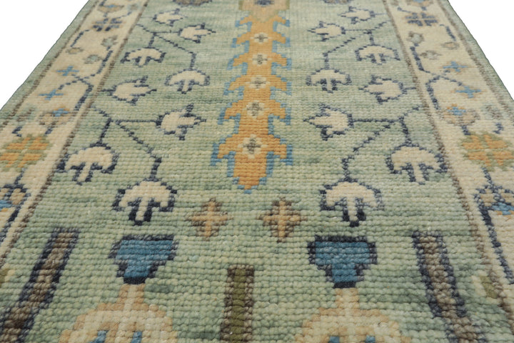 Runner Mint, Ivory, Gray Color Hand Knotted Oushak Wool Traditional Oriental Rug