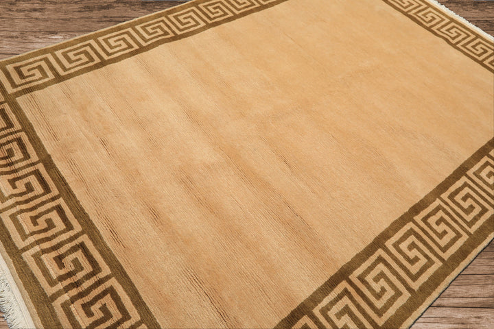 6x9 Mocha, Olive, Color Hand Knotted Tibetan Wool Transitional Oriental Rug