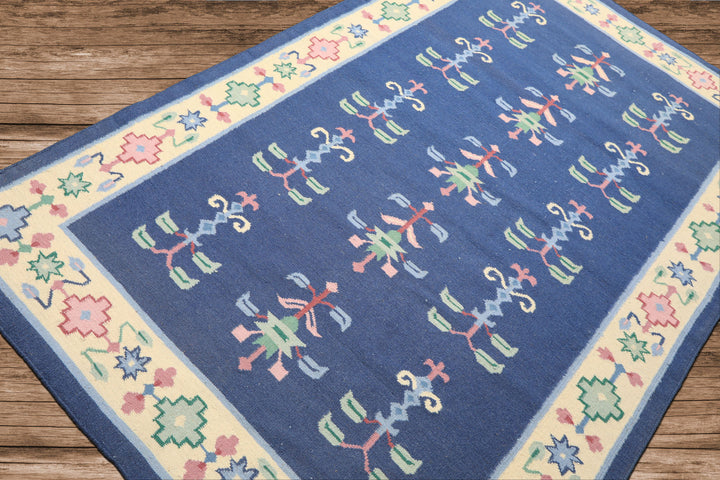 5x8 Blue, Ivory, Blush Color Hand Woven Dhurry Kilim Wool Transitional Oriental Rug