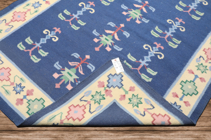 5x8 Blue, Ivory, Blush Color Hand Woven Dhurry Kilim Wool Transitional Oriental Rug