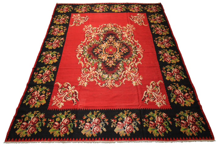 9x12 Red, Charcoal, Maroon Color Hand Woven Turkish Kilim Wool Traditional Oriental Rug