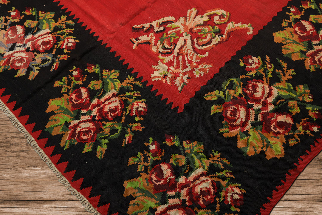 9x12 Red, Charcoal, Maroon Color Hand Woven Turkish Kilim Wool Traditional Oriental Rug