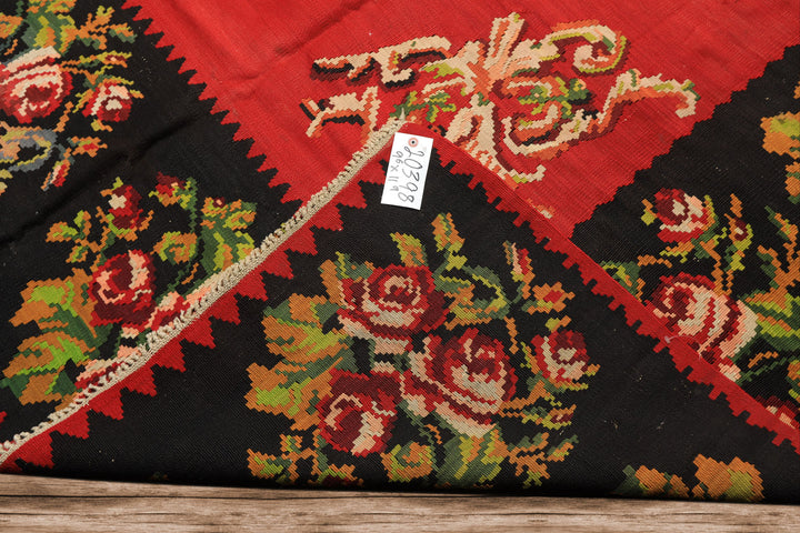 9x12 Red, Charcoal, Maroon Color Hand Woven Turkish Kilim Wool Traditional Oriental Rug