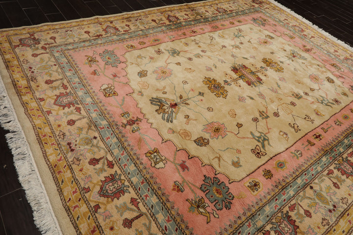9x12 Ivory, Rose, Aqua Color Hand Knotted Oushak New Zealand Wool Traditional Oriental Rug