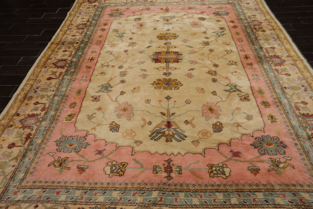 9x12 Ivory, Rose, Aqua Color Hand Knotted Oushak New Zealand Wool Traditional Oriental Rug
