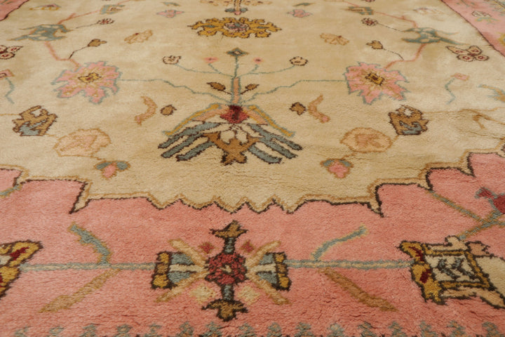 9x12 Ivory, Rose, Aqua Color Hand Knotted Oushak New Zealand Wool Traditional Oriental Rug