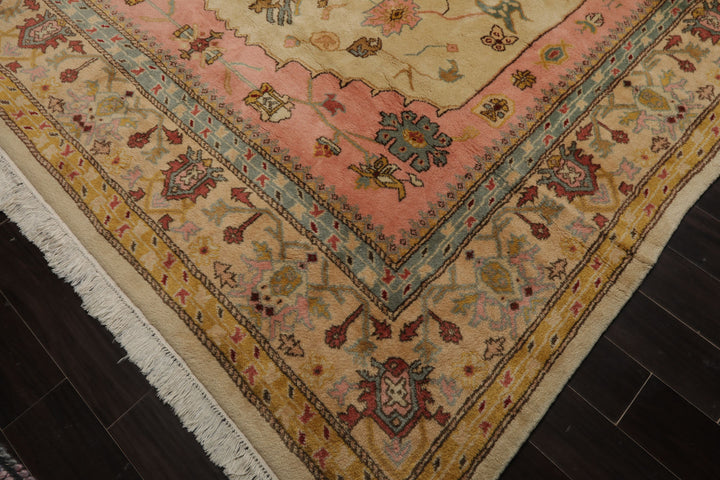 9x12 Ivory, Rose, Aqua Color Hand Knotted Oushak New Zealand Wool Traditional Oriental Rug