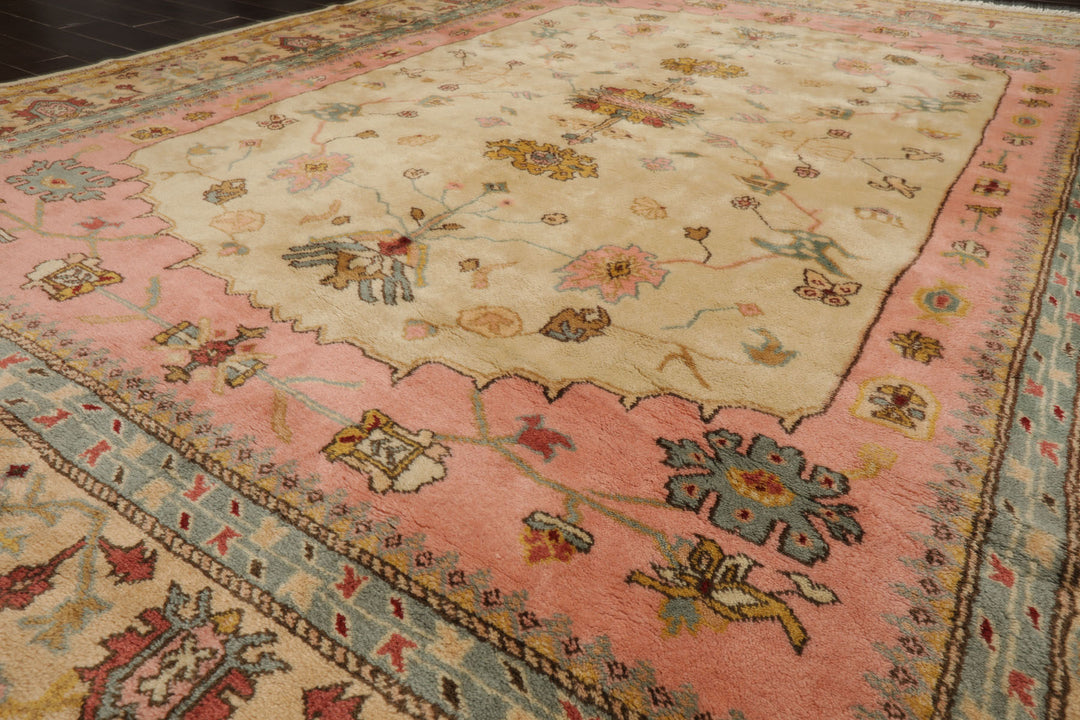 9x12 Ivory, Rose, Aqua Color Hand Knotted Oushak New Zealand Wool Traditional Oriental Rug