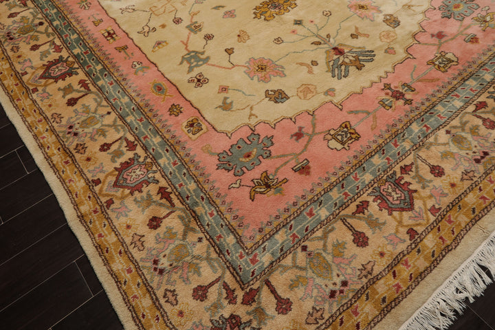 9x12 Ivory, Rose, Aqua Color Hand Knotted Oushak New Zealand Wool Traditional Oriental Rug