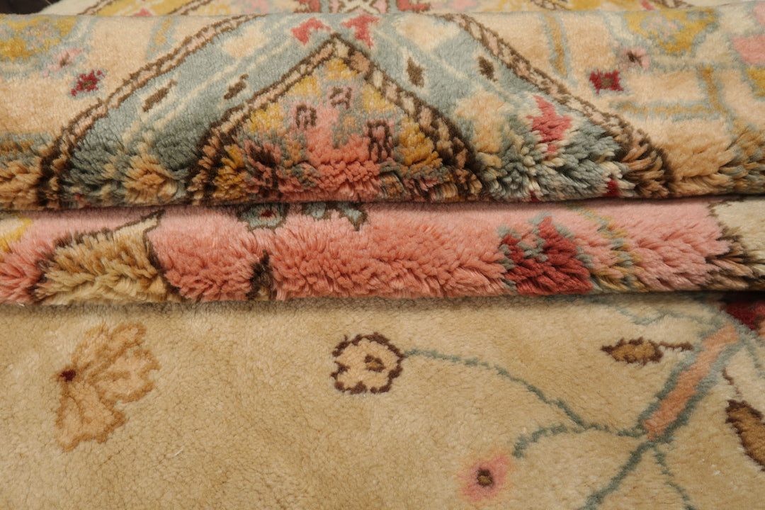 9x12 Ivory, Rose, Aqua Color Hand Knotted Oushak New Zealand Wool Traditional Oriental Rug