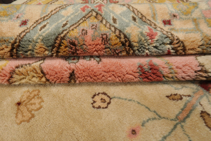 9x12 Ivory, Rose, Aqua Color Hand Knotted Oushak New Zealand Wool Traditional Oriental Rug