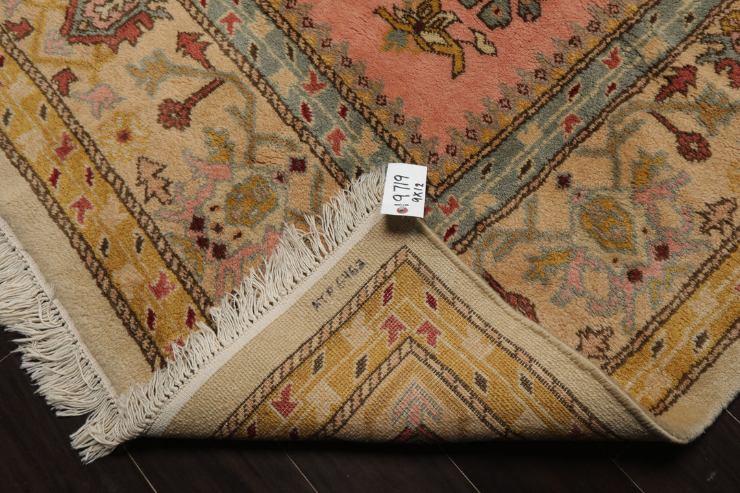 9x12 Ivory, Rose, Aqua Color Hand Knotted Oushak New Zealand Wool Traditional Oriental Rug
