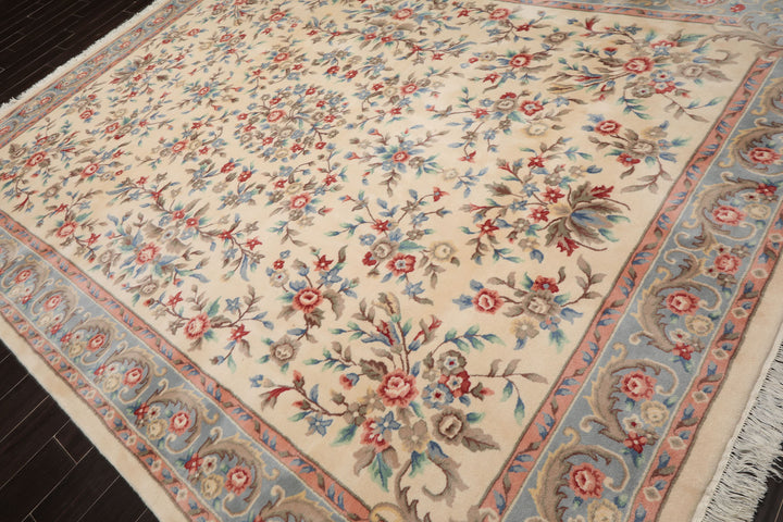 9x12 Ivory, Blue, Pink Color Hand Knotted Kerman New Zealand Wool Traditional Oriental Rug