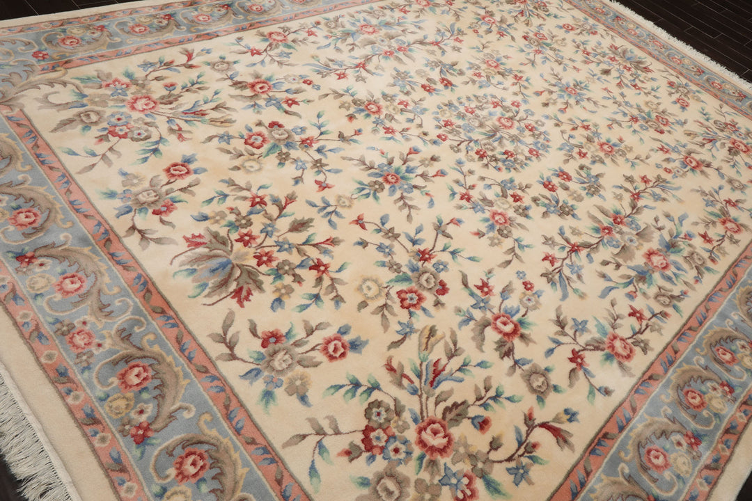 9x12 Ivory, Blue, Pink Color Hand Knotted Kerman New Zealand Wool Traditional Oriental Rug