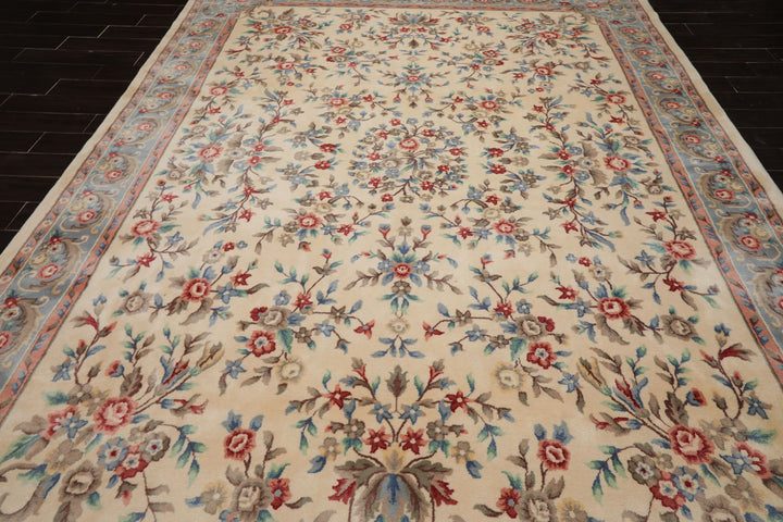 9x12 Ivory, Blue, Pink Color Hand Knotted Kerman New Zealand Wool Traditional Oriental Rug