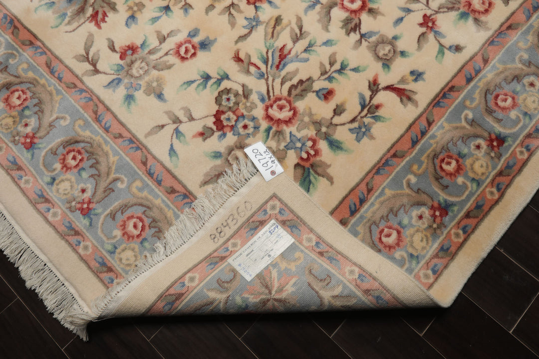 9x12 Ivory, Blue, Pink Color Hand Knotted Kerman New Zealand Wool Traditional Oriental Rug