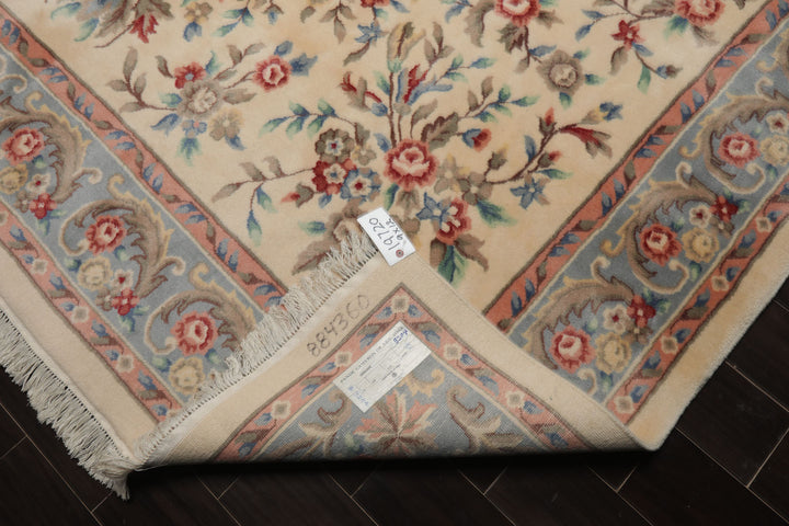 9x12 Ivory, Blue, Pink Color Hand Knotted Kerman New Zealand Wool Traditional Oriental Rug