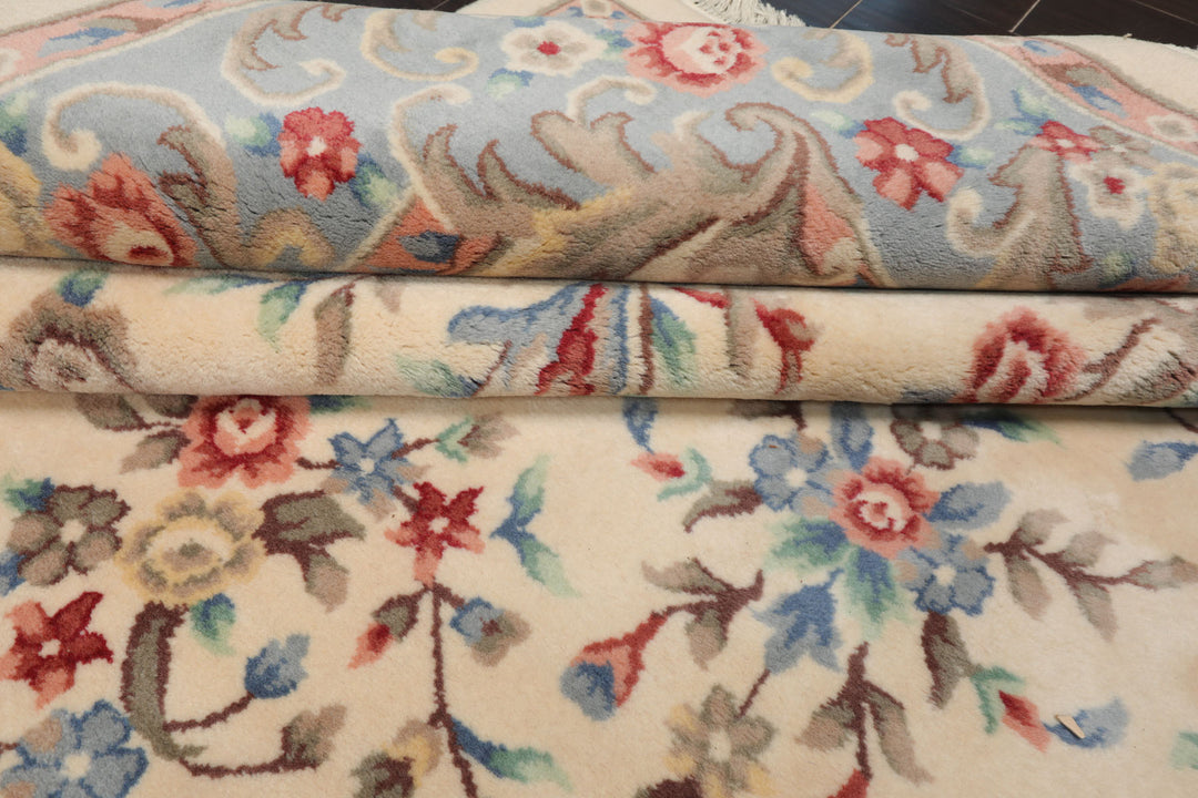 9x12 Ivory, Blue, Pink Color Hand Knotted Kerman New Zealand Wool Traditional Oriental Rug