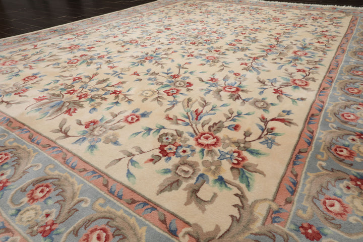 9x12 Ivory, Blue, Pink Color Hand Knotted Kerman New Zealand Wool Traditional Oriental Rug