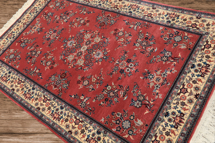 4x6 Rose, Ivory, Aqua Color Hand Knotted Pak Persian Sarouk New Zealand Wool Traditional Oriental Rug