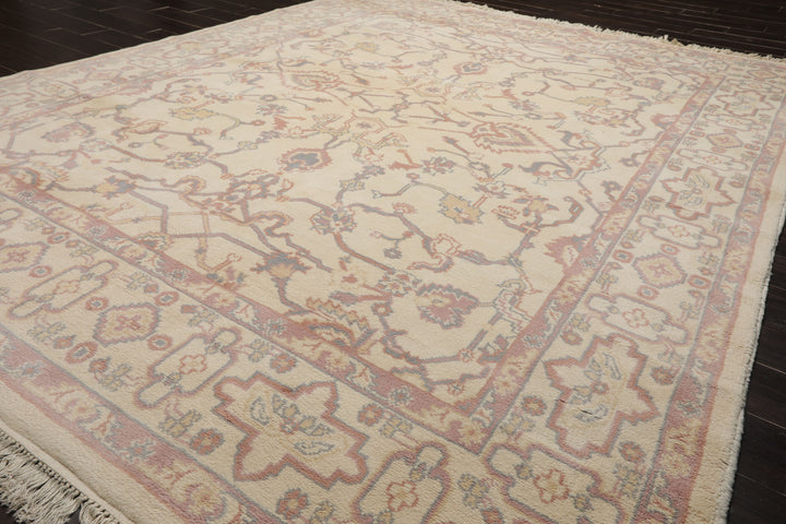 8x10 Ivory, Rose, Gray Color Hand Knotted Heriz New Zealand Wool Traditional Oriental Rug