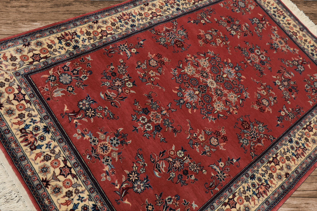 4x6 Rose, Ivory, Aqua Color Hand Knotted Pak Persian Sarouk New Zealand Wool Traditional Oriental Rug