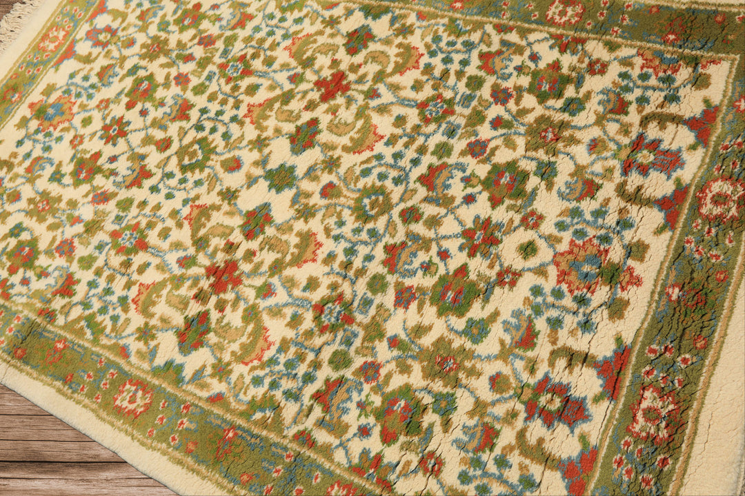 4x6 Ivory, Lime, Turquoise Color Hand Knotted Indo Kashan Wool Traditional Oriental Rug