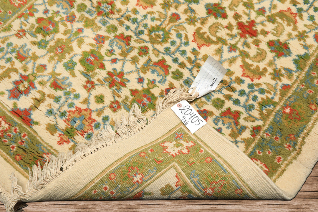 4x6 Ivory, Lime, Turquoise Color Hand Knotted Indo Kashan Wool Traditional Oriental Rug