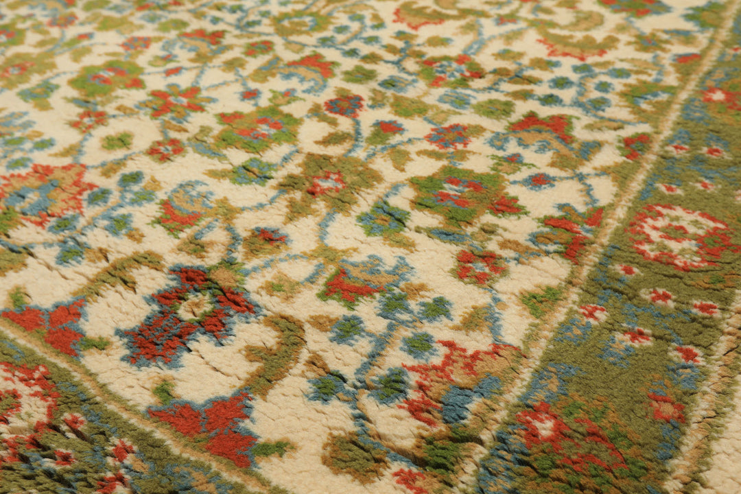 4x6 Ivory, Lime, Turquoise Color Hand Knotted Indo Kashan Wool Traditional Oriental Rug