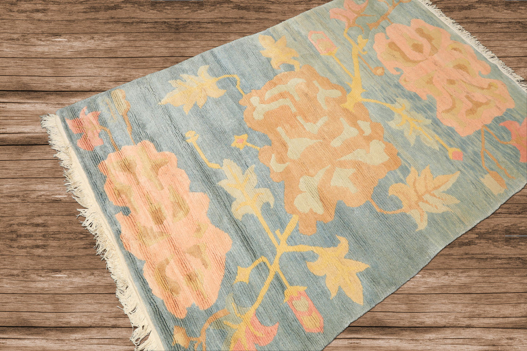 4x6 Blue, Blush, Peach Color Hand Knotted Tibetan Wool Transitional Oriental Rug