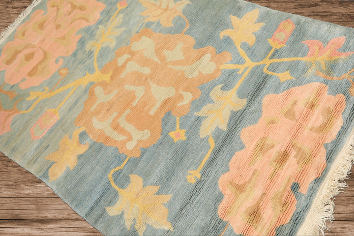 4x6 Blue, Blush, Peach Color Hand Knotted Tibetan Wool Transitional Oriental Rug