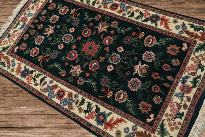 3x5 Emerald, Ivory, Blush Color Hand Knotted Indo Kashan Wool Traditional Oriental Rug