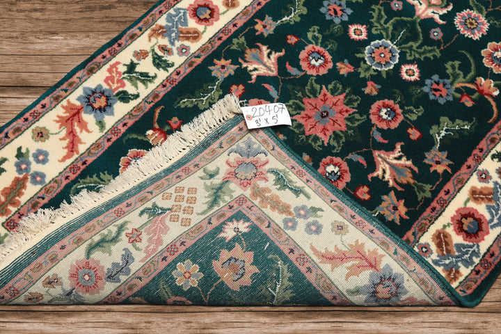 3x5 Emerald, Ivory, Blush Color Hand Knotted Indo Kashan Wool Traditional Oriental Rug
