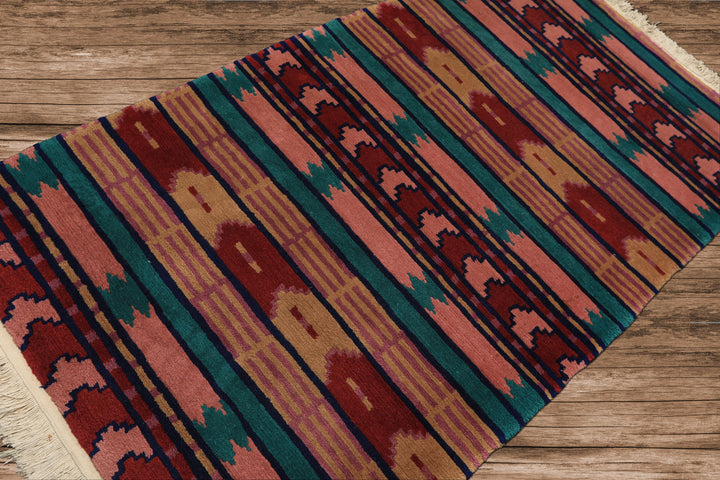 4x6 Turquoise, Blush, Lavender Color Hand Knotted Tibetan Wool Modern &amp; Contemporary Oriental Rug