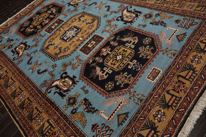 8x10 Blue, Gold, Chocolate Color Hand Knotted Kazak Wool Traditional Oriental Rug