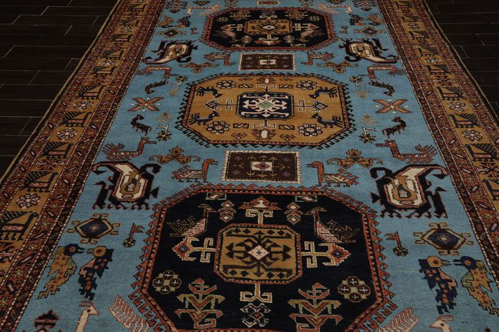 8x10 Blue, Gold, Chocolate Color Hand Knotted Kazak Wool Traditional Oriental Rug